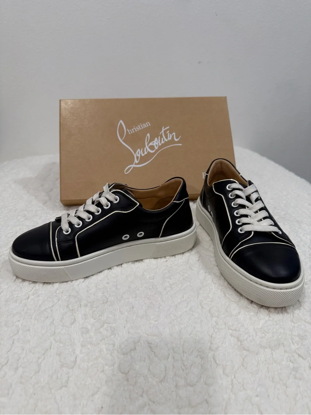 Women’s Christian Louboutin Black and White Low-Top Sneakers with Red Sole